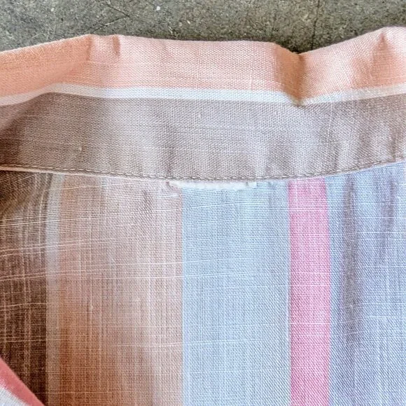 Vintage Pastel Orange Pink Purple Striped Puff Shoulder Midi Shirt Dress - Picture 8 of 9